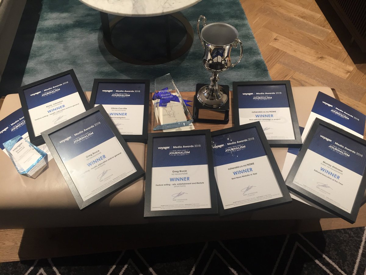 ShayneCurrieNZH's tweet photo. Part of the amazing haul for an incredible team @nzherald @NZMETweets #voyagermediaawards #newspaperoffheyear #bestnewswebsite https://t.co/Y7lGTProD3