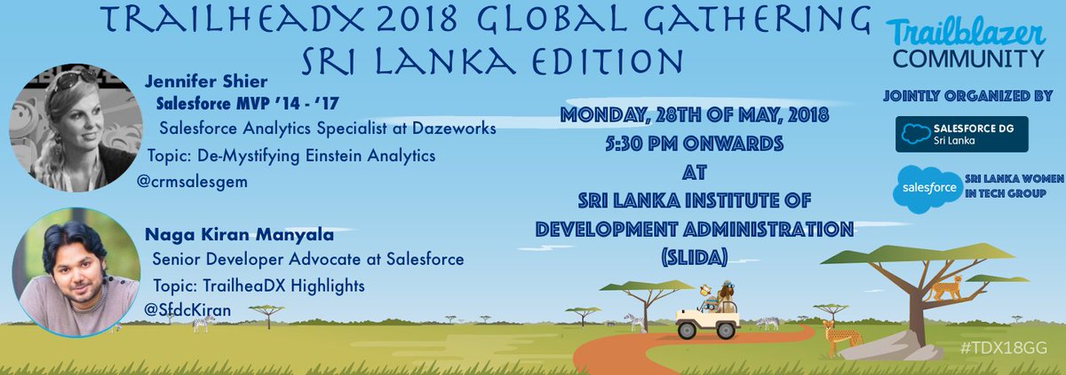 SLSFOHANA's tweet image. TrailheaDX GG - #SriLanka Edition
Excited to announce that @crmsalesgem &amp;amp; @SfdcKiran will be joining with us. 28/05/2018 at SLIDA 5.30pm onwards. RSVP: tinyurl.com/yadtrntw
#EmergingCommunity #SriLankaSalesforceCommunity @salesforce @SalesforceDevs #TDX18GG @trailhead @Benioff