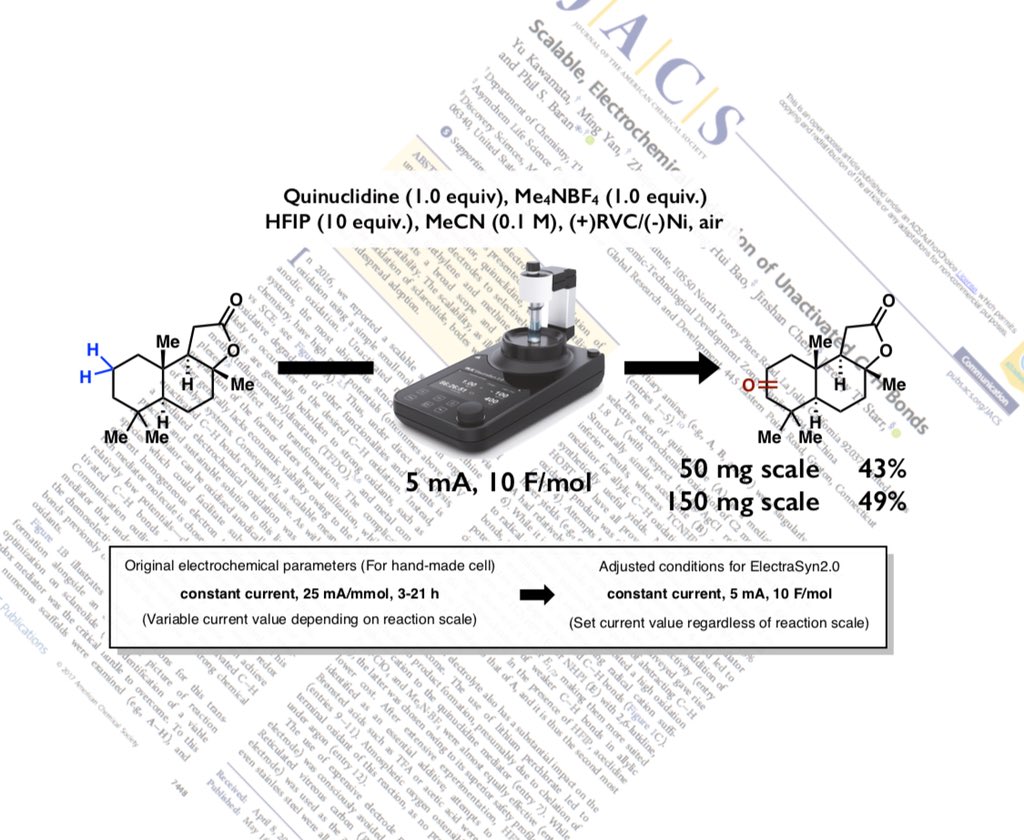 BaranLabReads's tweet photo. We have gotten several inquiries on our e-cat C-H [O] (https://t.co/s4wvjIxvpD) using Electrasyn 2.0. Yu Kawamata and Michelle Yang present here the slightly modified conditions in this latest edition of #ChemTweetChem https://t.co/Gx43KUv8LP