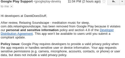 DarekDoesStuff's tweet photo. So, it looks like my RelaxingSoundscape app and the other one will not be available for some time, because @GooglePlayDev removed them from the Google Play - because their bots think my apps "violate their personal and sensitive information policy".
And that is not true at all. https://t.co/VCSxc5APU4