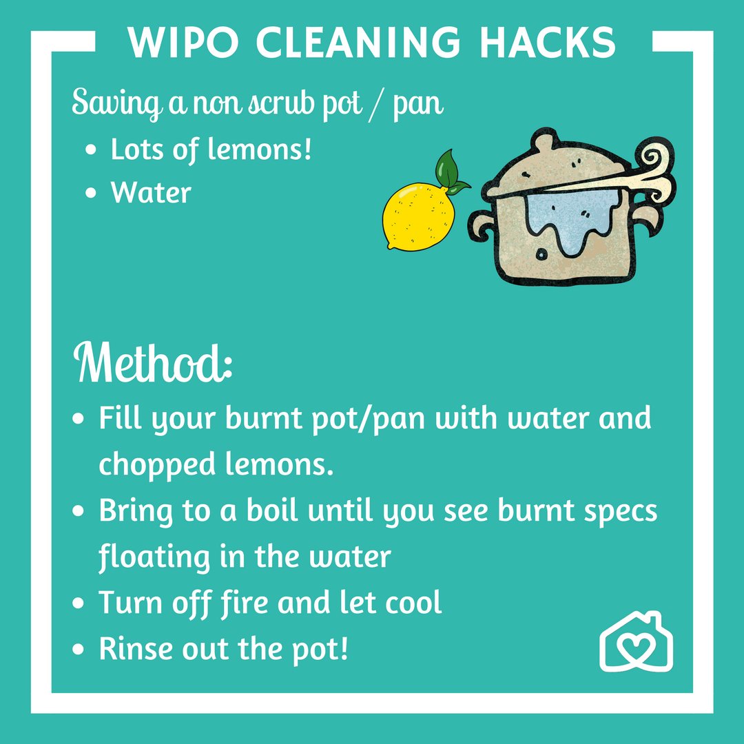 WipoApp's tweet photo. WIPO's weekend cleaning hacks! Have a non-scrub pot/pan that you've burnt? Try this out! #wipo #wipoapp #cleaning #perthsmallbusiness #realestateperth https://t.co/Rk3FvjGOY1