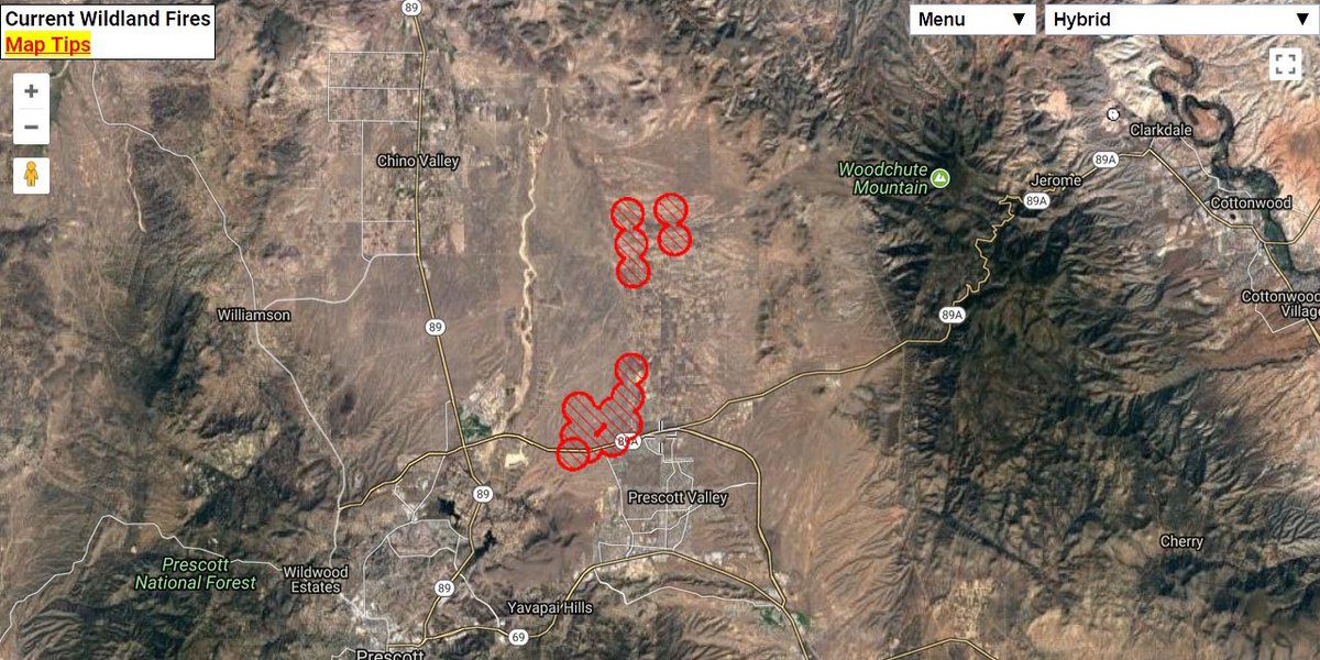 MappingSupport's tweet photo. Google + GIS map of #89E fire near #ChinoValley Arizona.  Map link: https://t.co/WCYSZIcKi9  Map shows satellite hotspot data.  Click “Map tips” for the legend and more info.  #wildlandfire  #89EFire #YavapaiCounty AZFire #geospatial https://t.co/TnNQLHtm9y