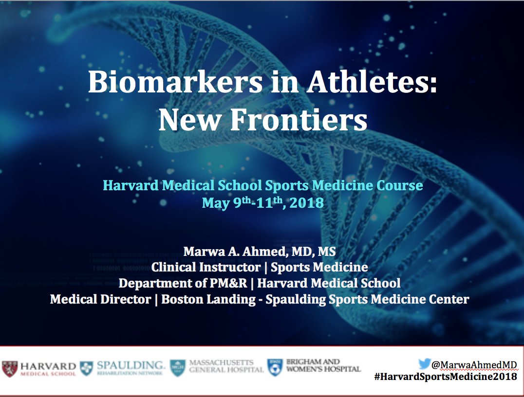 MarwaAhmedMD's tweet photo. Thank you @jborgstein1 @drkellymcinnis @AdamTenfordeMD for putting together yet another AWESOME and educational #HarvardSportsMedicine2018 and for the invitation to speak on my passion #sportsgenomics #biomarkers #personalizedmedicine #DNA #sportsmedicine #WomenInMedicine https://t.co/EgF4qG5ZTi