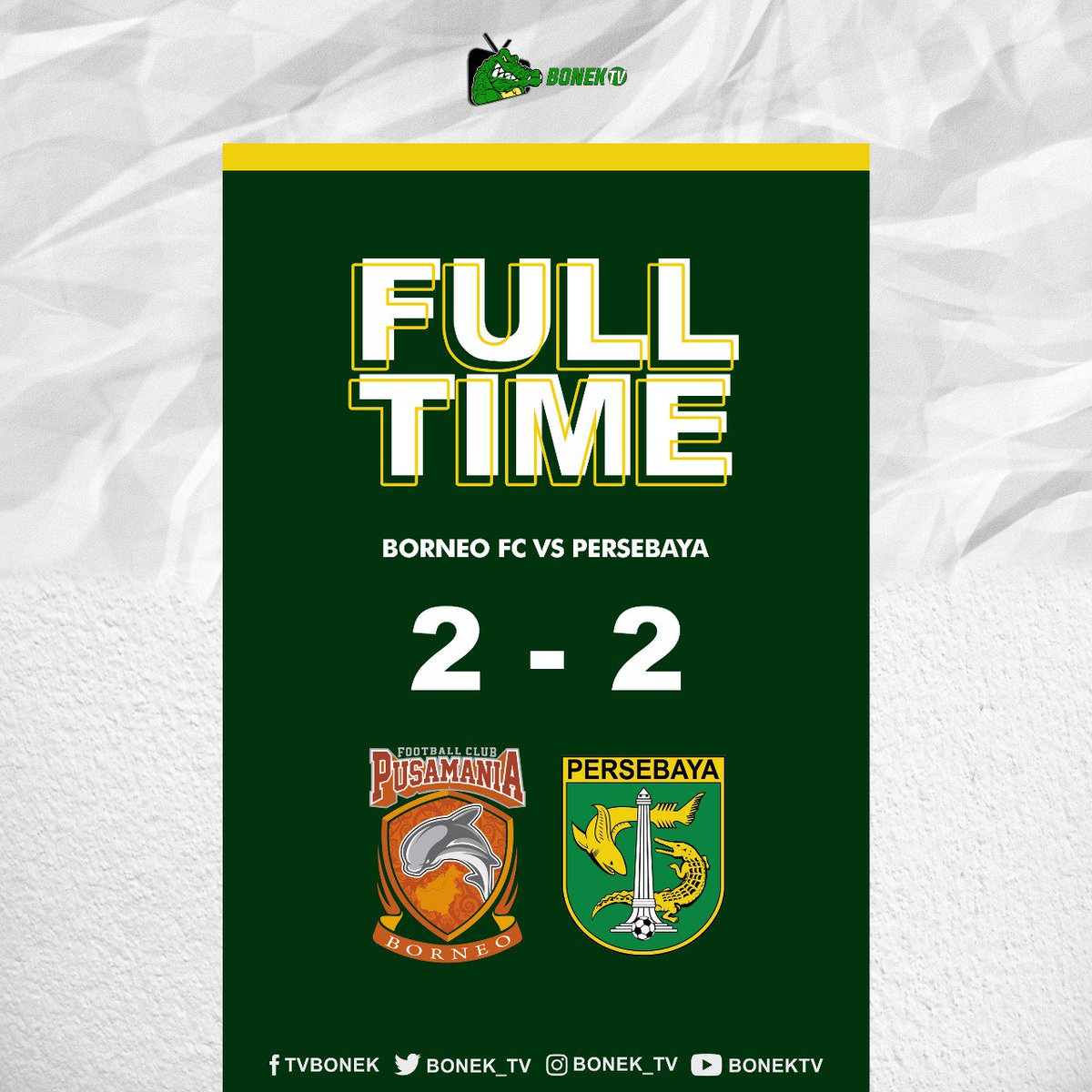 bonek_tv's tweet photo. FT: #BorneoFC 2 - 2 #Persebaya
Jum'at, 11 Mei 2018 | @StadionSegiri #Samarinda
#bonek #bonektv #kamibonek #kitapersebaya #surabaya https://t.co/gUQ2bt12uw