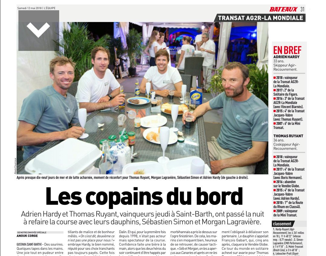 Rivaux en mer copains à terre ca donne une page de #voile dans <a href="/lequipe/">L'Équipe</a> ce samedi..<a href="/hardy_adrien/">Adrien Hardy</a> <a href="/ThomasRuyant/">Thomas Ruyant</a> <a href="/444_Morgan/">Lagraviere Morgan</a> <a href="/sebastiensimon/">Sebastien Simon</a> @TeamBretagneCMB @AG2RLMTransat