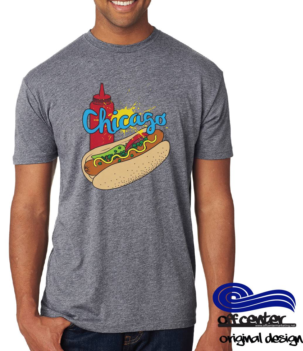offcenterinc's tweet photo. Chicagoans past or present will appreciate this Chicago style tshirt.  Available here https://t.co/KFeEHKGQJ3 #chicagostyle #holdtheketchup #chicagoclassics #hotdog #viennabeef #weinercircle #allbeefdog #dragthroughthegarden #chicagodog https://t.co/hByr9em2MN