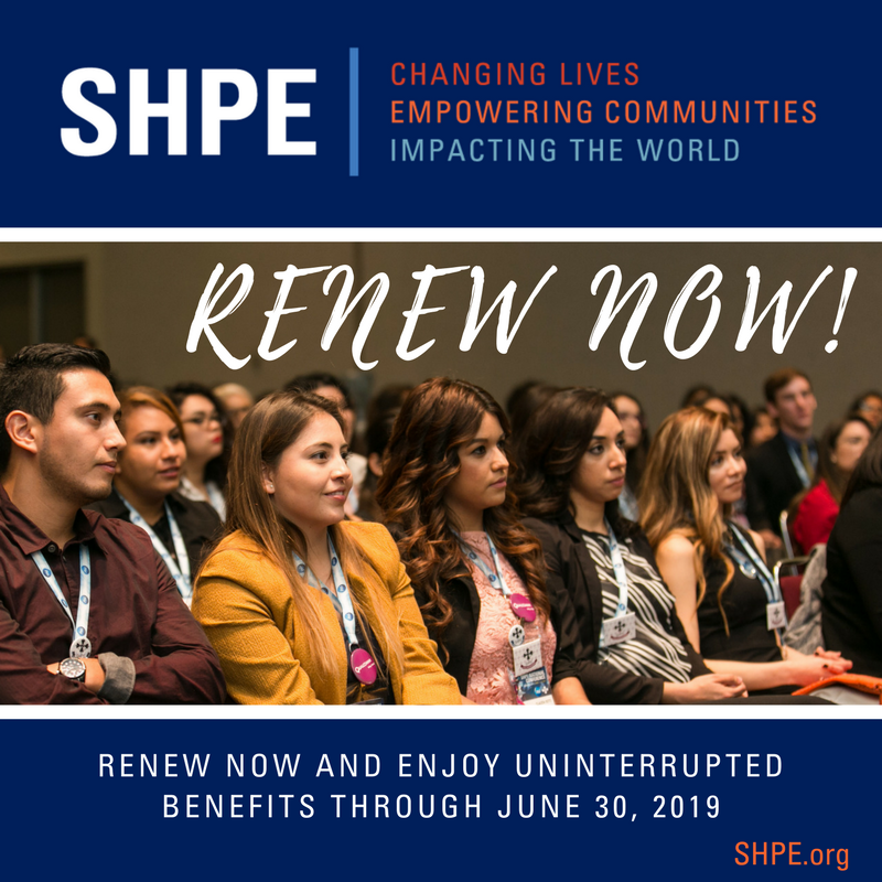 SHPE's tweet photo. Renew your SHPE membership now to remain part of the SHPE Familia and find support wherever you go! We have close to 250 chapters and over 10,000 members across the nation and all renewals are good through June 30, 2019. Start here: https://t.co/8cIEYPHVb1 https://t.co/HIPuSqURPs