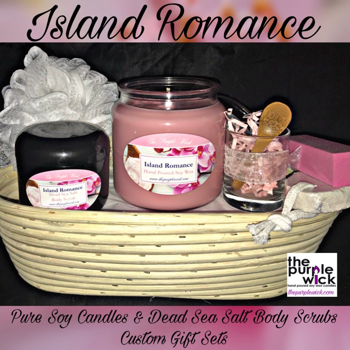 thepurplewick's tweet photo. Island Romance🌸Escape to paradise with our custom gift sets! https://t.co/yitFhbqpiQ #paradise #islandflowers #romance #giftsets #customorders #soycandles #deadseabodyscrubs https://t.co/vzYLs51LKs