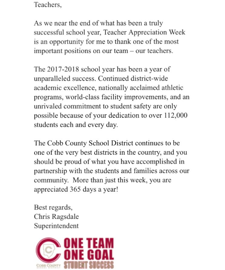 We are so #thankful to all of our <a href="/CobbSchools/">Cobb County Schools</a>  teachers! #OneTeam #OneGoal #StudentSuccess  #TeacherAppreciation #ThankATeacher