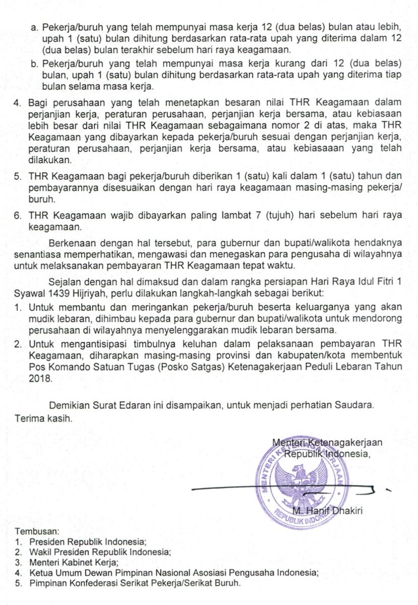 Surat Edaran Menteri Ketenagakerjaan Republik Indonesia Nomor 2 Tahun 2018 tentang Pembayaran Tunjangan Hari Raya Keagamaan Tahun 2018