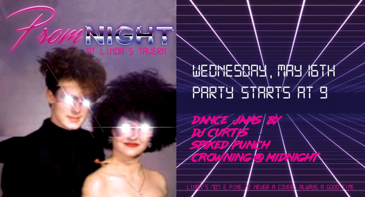 Lindastavern's tweet photo. Linda’s 8th Annual Prom is next Wednesday! Grab a snazzy outfit and an even snazzier date! 9PM, NO COVER!!! https://t.co/u4zRFEMQbY