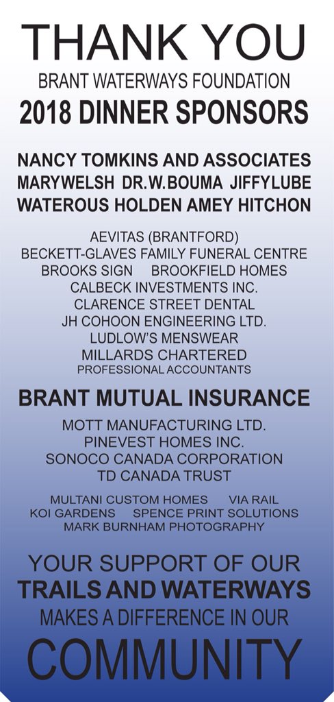 BrantWaterways's tweet photo. Brant Waterways extends our sincere gratitude to the supporters of our upcoming May 17th 30th Anniversary Fundraising Dinner. #Brantford #Brant #SixNations are healthier, more vital communities because of your support. #paddle #hike #bike #fish https://t.co/3ZZ0fqj8Tn