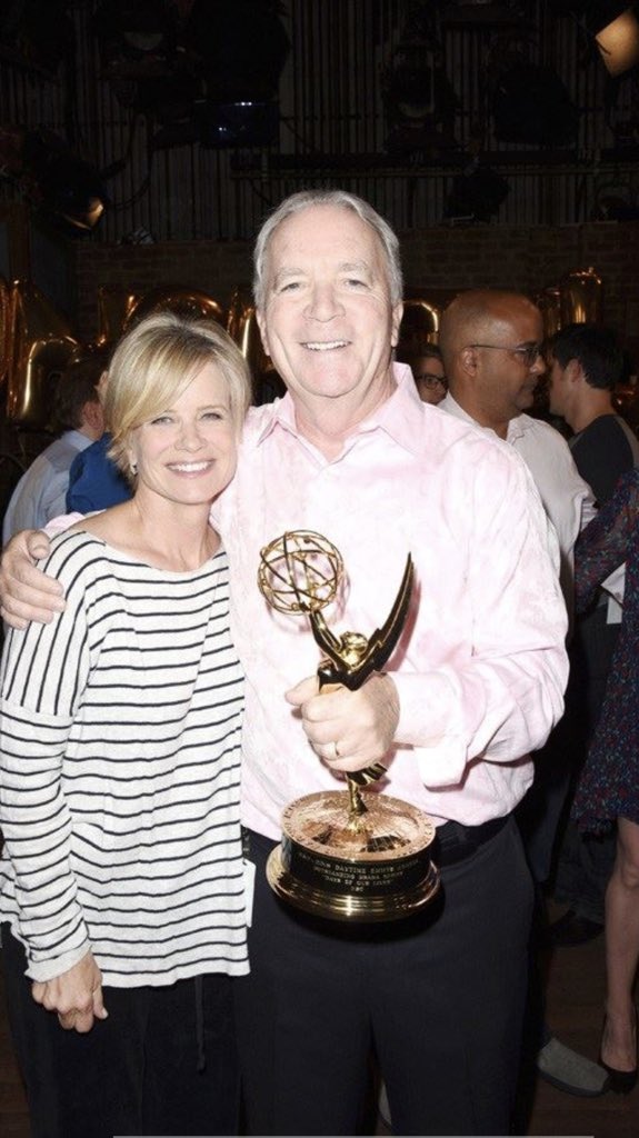 SteveKaylaGroup's tweet photo. Mary Beth and Ken Corday on set of #Days celebrating the shows Emmy wins. Just missing Stephen. Please fix this @Rybry7 @carlivatiron @sheriawriter https://t.co/TWuPmZhO2m