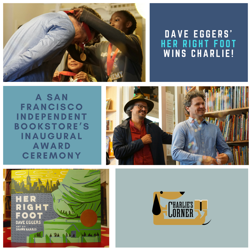 Charliescorner_'s tweet photo. Lots of gold, the young adult literati, and caricature drawings: highlights from our inaugural Charlie Awards ceremony! @826valencia  

#DaveEggers #HerRightFoot #CharlieMedal #PartyingWithDave #ShawnHarrisDraws #826Valencia #InauguralCharlieAwards #2018Charlies #TheCharlies https://t.co/7t64Fp4AhD