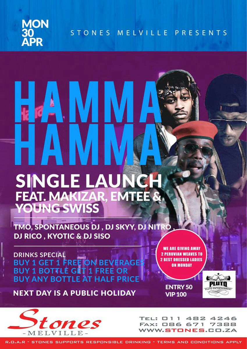 Tonight it's on <a href="/StonesMelville/">#ShakedownThursday</a> #HammaHammaLaunch with live Performances by <a href="/freeboy_makizar/">Shahlom</a> <a href="/EmteeSA/">Ms Tee ✨</a> @EmteeTheAlbum @YungSwissPgp &amp; Live Dj Mix by @DjRicoSA <a href="/kyotic/">Arnold Kyotic Mdluli</a> <a href="/Spontaneous_Dj/">The Peoples Dj</a> @DjNitroSA <a href="/DjSiso_Ezase/">IG: djsiso_</a> /Drink Specials : Buy one Get one Free, Buy one Bottle get one Free