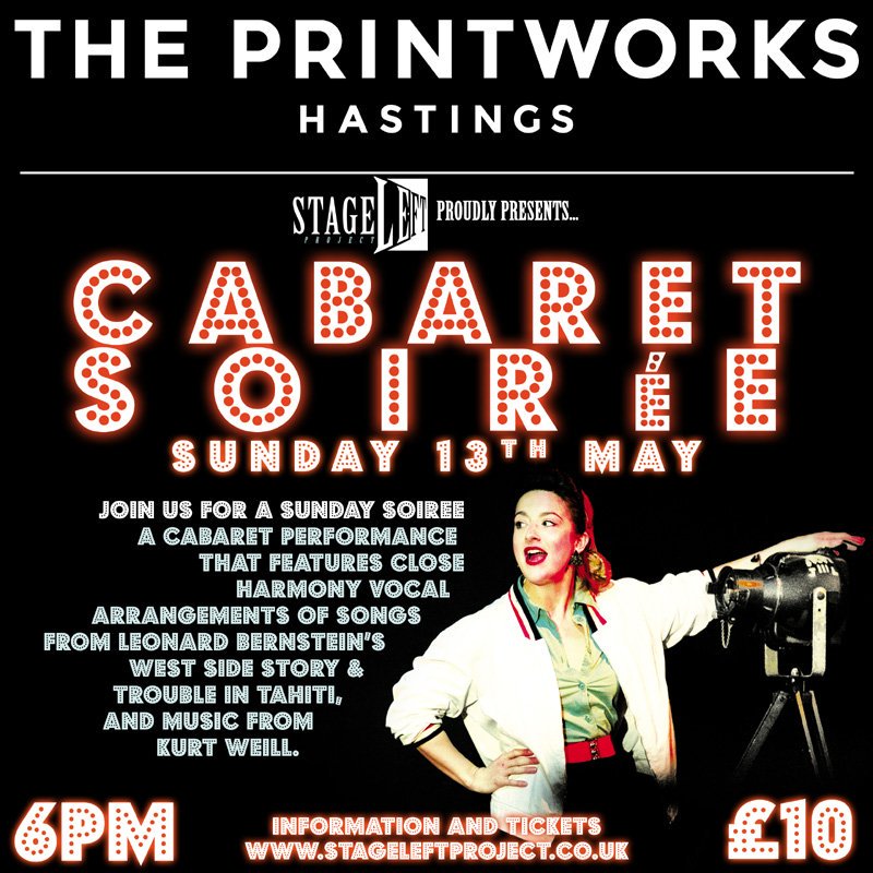 StageLeftProj's tweet photo. Join us for a Sunday Soirée - a Cabaret performance that features close harmony vocal arrangements of songs from Leonard Bernstein’s West Side Story &amp; Trouble in Tahiti, and music from Kurt Weill @Barefoot_Opera  @Visit1066  @THEPRINTWORKS14 https://t.co/QqT7mqzPz7