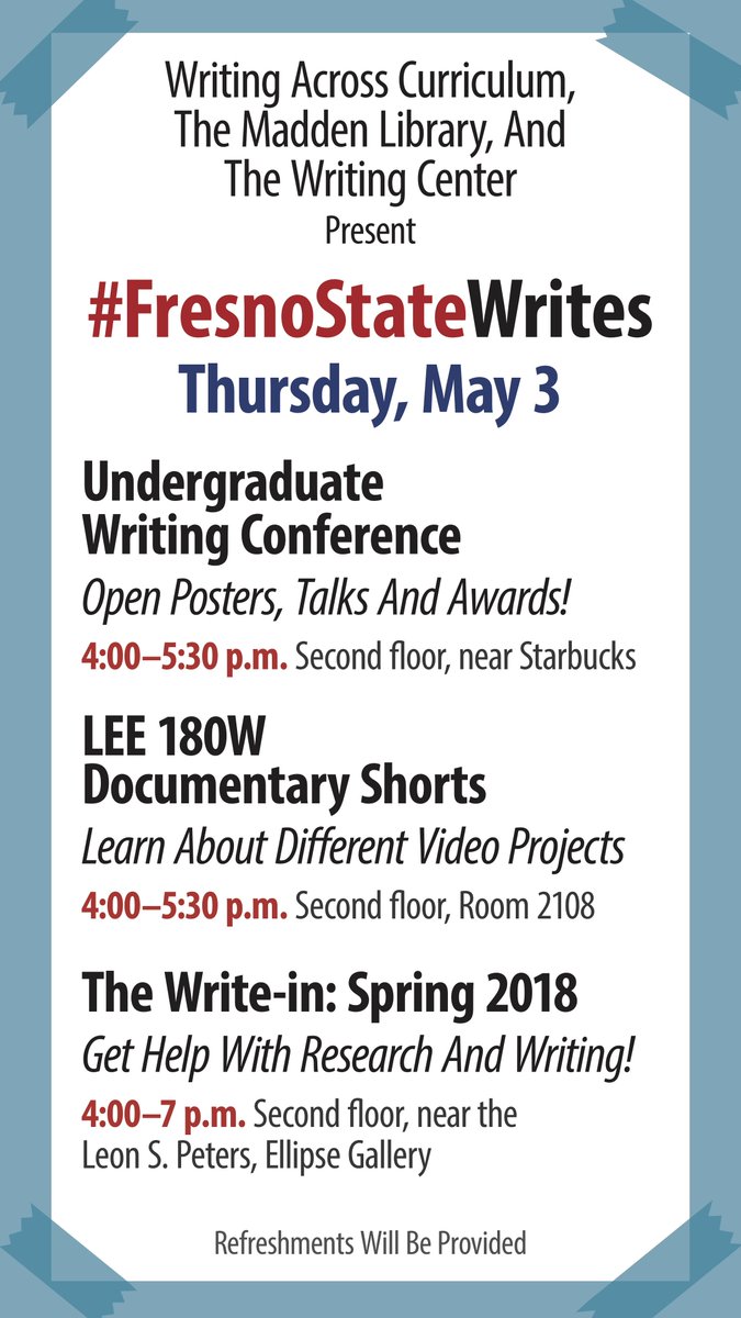FresnoStateWAC's tweet photo. #fresnostatewrites

Join us for the Undergraduate Writing Conference this Thursday! https://t.co/Z9wis4gq5F