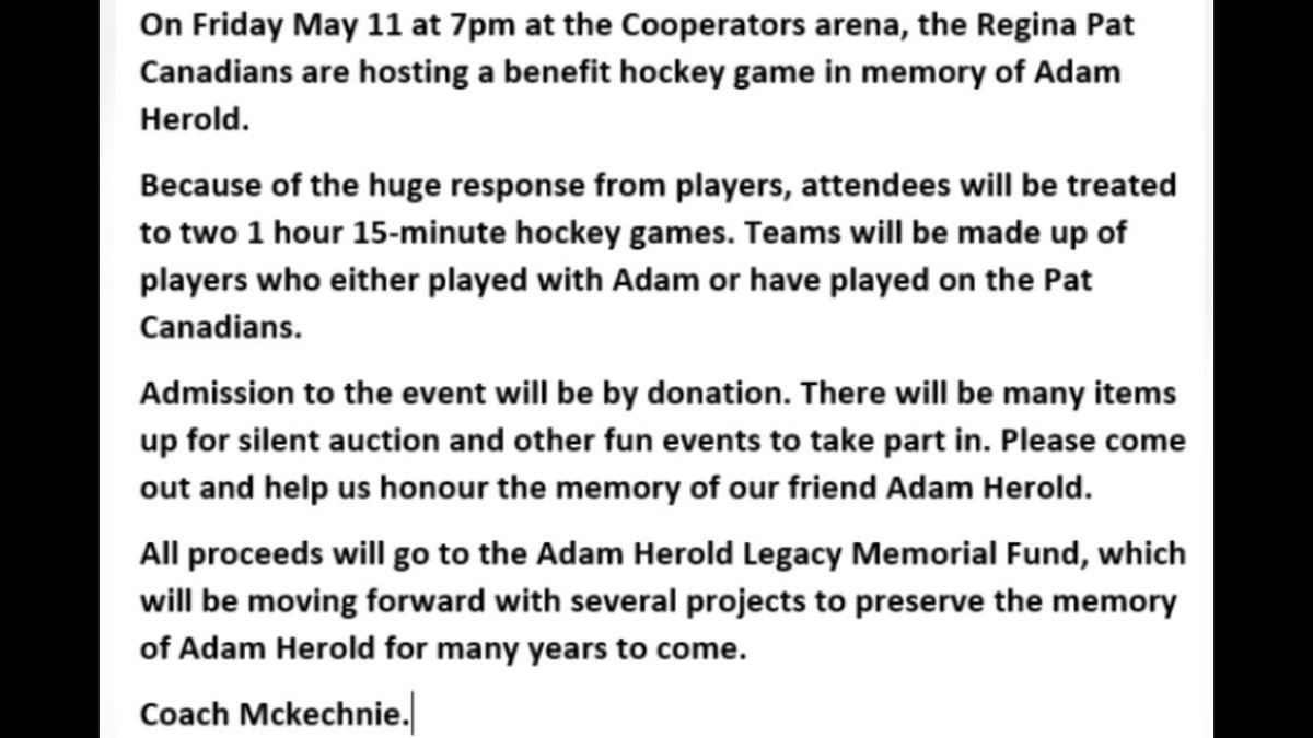 aaapatcanadians's tweet image. Friday May 11, 7:00pm at the Cooperators we are hosting a benefit hockey game in memory of Adam Herold. There will be two 75min games, teams will be comprised of Pat C members and alumni. Admission is by donation. All donations will go to the Adam Herold Legacy Memorial Fund. #10