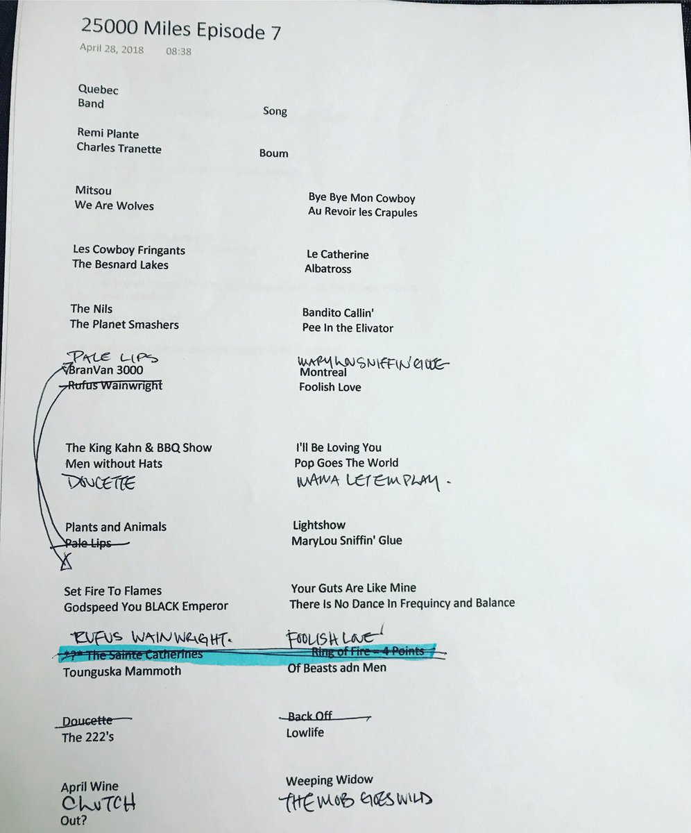 25000miles's tweet photo. Set list for tonight’s Quebec show part 1
#charlestrenet @mitsougelinas @wearewolvesmtl #Lescowboysfringants @BesnardLakes #TheNils @Planet_Smashers @palelipsband #BranVan3000 #Kingkhan&thebbqshow @MenWithoutHats1 @JerryDoucette #plantsandanimals #setfiretoflames @AprilWineBand https://t.co/sYFRIWaWP3