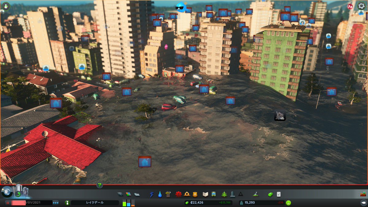 ローゼンホライズン Cities Skylines で数時間かけて順風満帆に街を発展させ色んな建築物を作れるようになってきたので調子に乗って超巨大水力発電所を作ったらその瞬間に凄い勢いで川が氾濫して何もかも流されていって全てを失ったスクショ失礼します