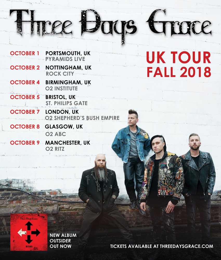 threedaysgrace's tweet photo. Three Days Grace are returning to the United Kingdom for a headline tour this October! More European shows will announce next week! 

Join the 3DG Official Community for pre-sale access. Details here: https://t.co/eXV3jCoMY2 https://t.co/2Z1v4gWdZs