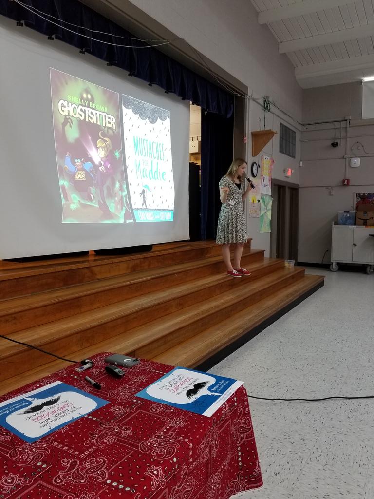 liboubre's tweet image. Author visit @KolterSchool #hisdlibrariesNOW 
Author Shelly Brown visited w/our 5th graders sharing her two books,  Mustaches for Maddie and Ghostsitter.