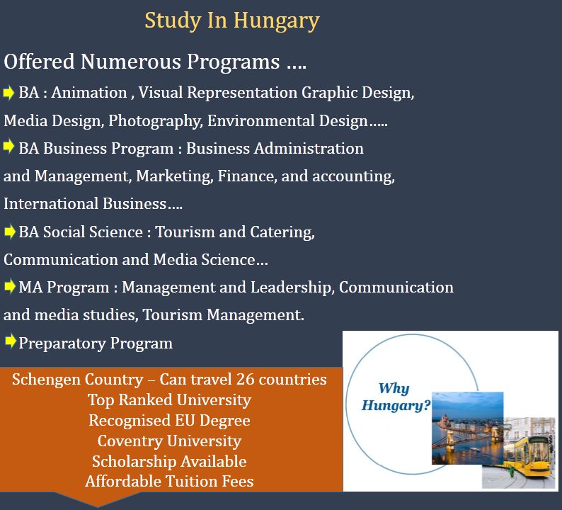 JurisMigration's tweet photo. Hungary is perfect destination for higher Studies...
Low living cost and tuition Fees....
Can travel 26 Schengen Countries...
Stay Back option Available...
Only CV , Passport and Education docs required...
For more details call on 9892246715/ 9137173857 
https://t.co/NYEI4qQmV0 https://t.co/iymCHyLaUO