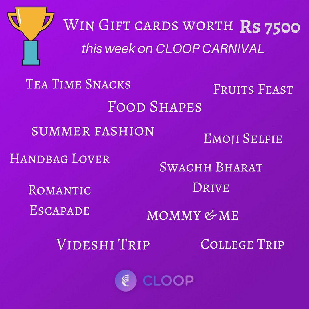 Cloopapp's tweet image. Tweeps, it&apos;s your golden chance to win lots of prizes. Just click on bit.do/CloopContests  &amp;amp; post pics to events under Food, Fashion, Travel, Masti &amp;amp; Activism. #CloopCarnival #CloopContests #MondayMotivation #ContestAlert @contests2share