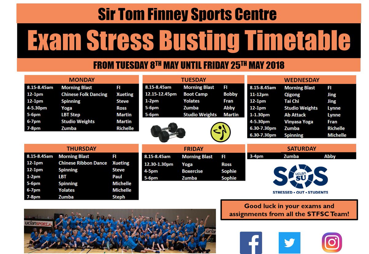 @UCLAN_STFSC are running extra sessions every weekday from Tuesday 8th May to Friday 25th May to help you relax during your exam period.