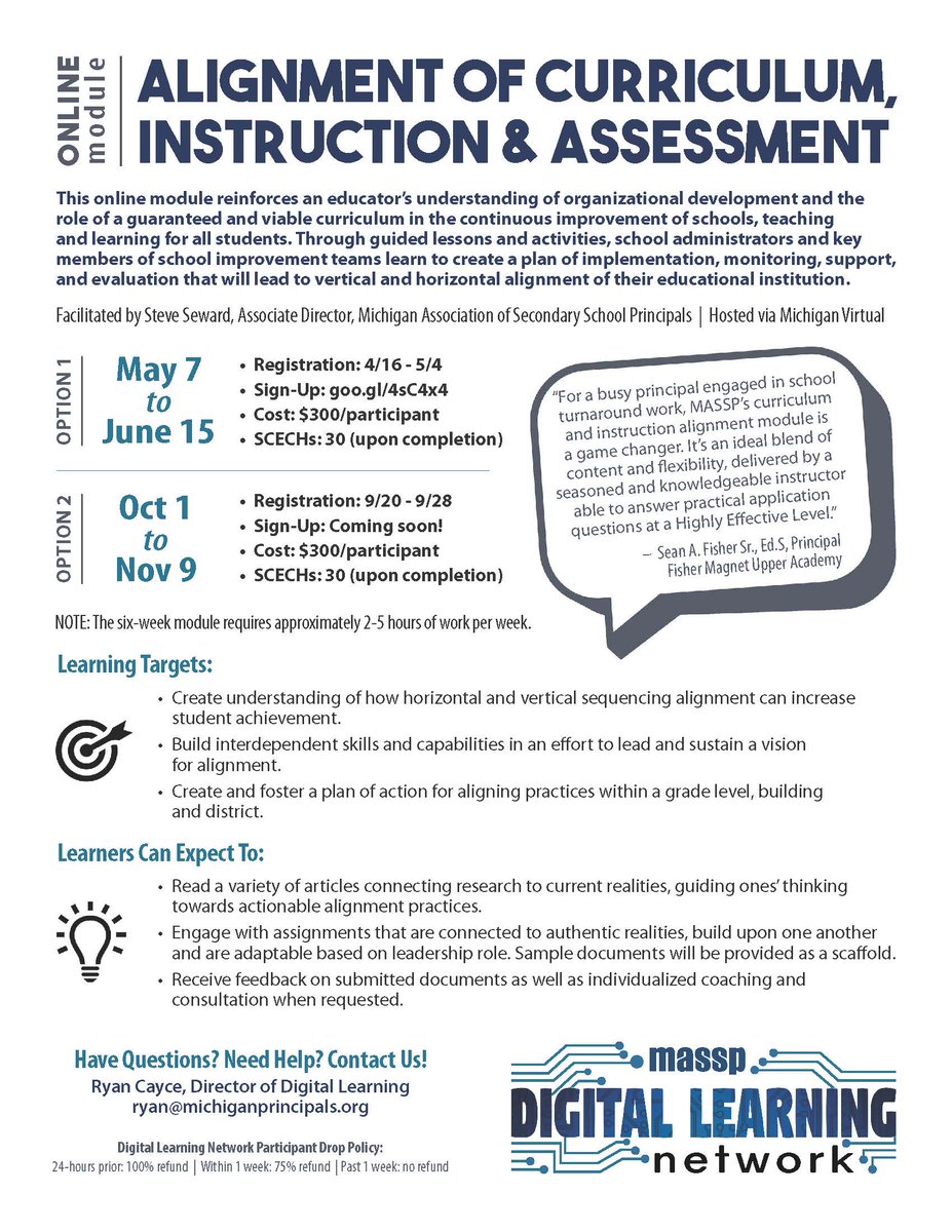 rcayce's tweet image. Need to renew your certificate? Earn up to 30 SCECHs in the @massp online Curriculum &amp;amp; Instruction Alignment course.  Only 1 week left to register!  ow.ly/3J7F30jD8Fx  #DigitalLearningNetwork
