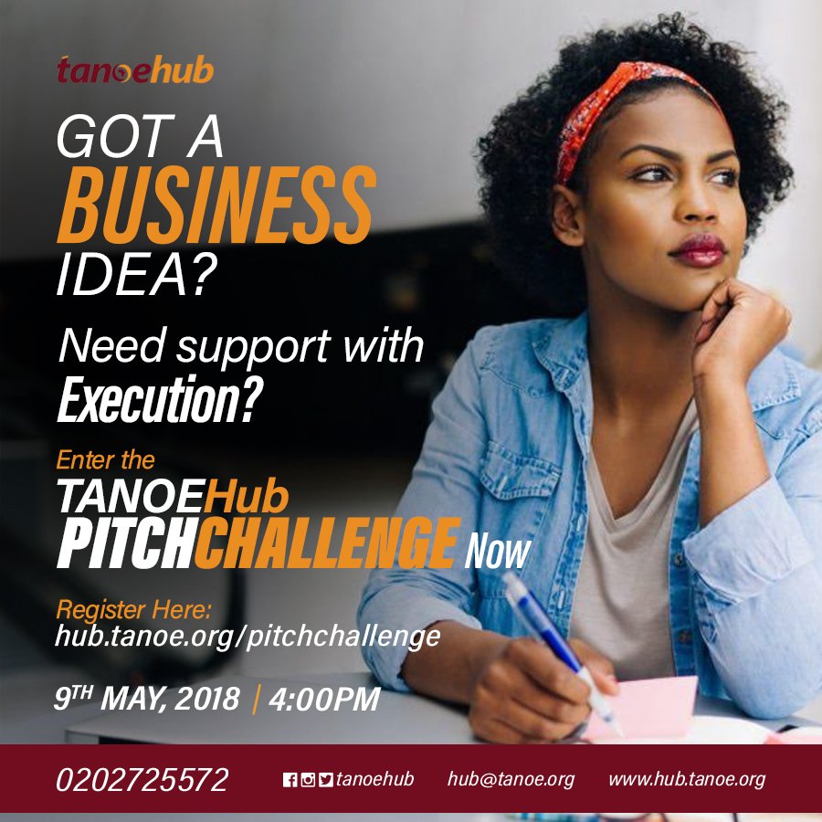 TANOEstudents's tweet photo. Got a Business Idea and need Support for Execution?

Then signup for the TANOE HUB Pitch Challenge to win prizes worth GHS 1,000.

Regsiter via https://t.co/ajkMvY5T4A

The challenge comes off on 9th May at the TANOE HUb in Dansoman.

#TANOEHub #TANOE #PitchChallenge https://t.co/yTXpdOSTBG