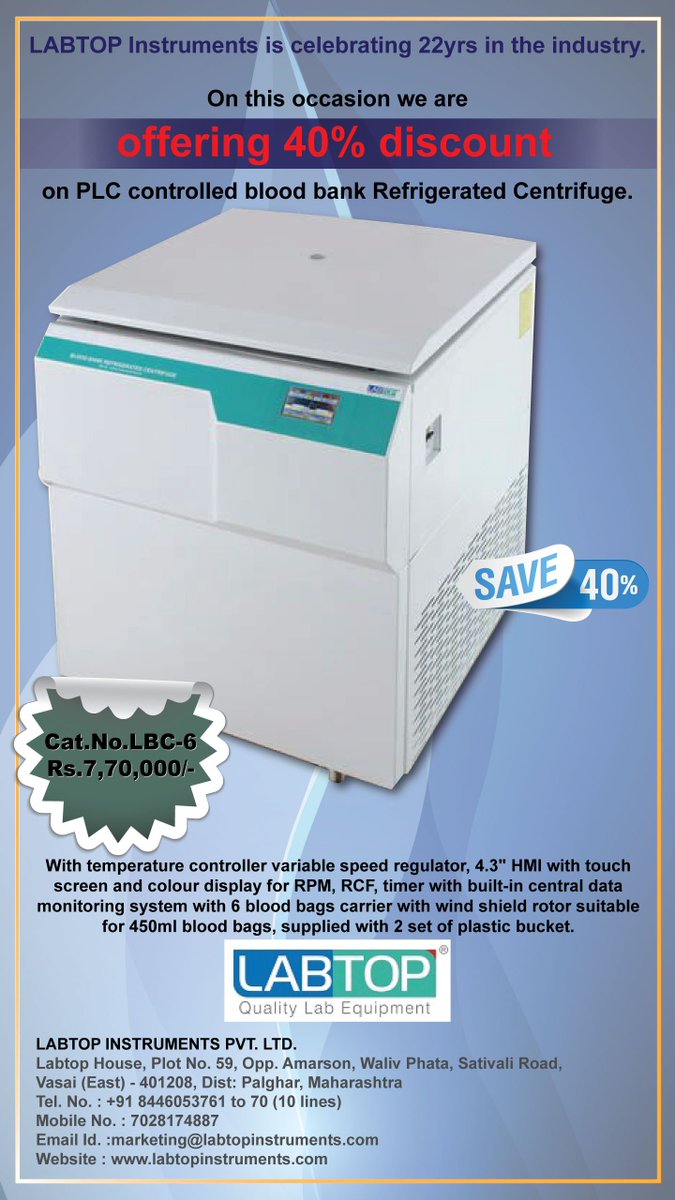 LabtopL's tweet image. **40% Discount on LABTOP PLC Controlled Blood Bank Refrigerated Centrifuge**