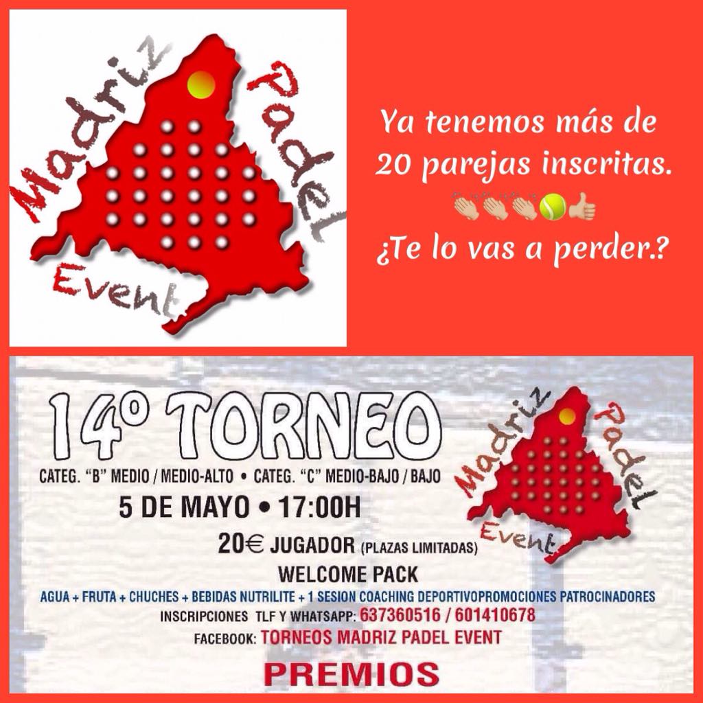 PabloRiegoBravo's tweet photo. No te pierdas el torneo de este Sábado 5 de Mayo.
#madrizpadelevent #torneopadel #padelon #dj #sorteos #premios #madrid #coslada #vicalvaro #eventosdeportivo #regalos #wpt #fmp #VamosConTodo #hitpadel #amigos #Deportes #padel https://t.co/FLfeN86IEM