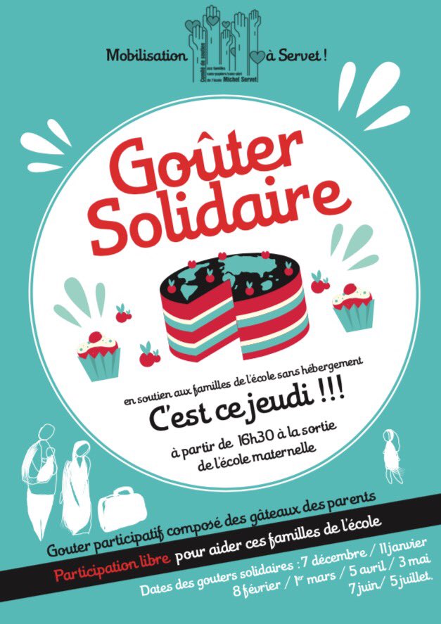 jamaissanstoit's tweet photo. RT mobilisation @jamaissanstoit Jeudi 3 mai, les écoles Michel Servet (#Lyon 1er) et Marc Bloch (#Lyon 7ème) organisent un goûter solidaire à 16h30. À l' école Georges Lévy (#Vénissieux), le goûter solidaire c'est vendredi 4 mai à 16h. https://t.co/i1WerS3Nnz