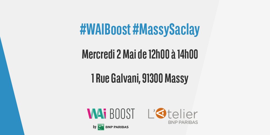 ⏰ Dernière ligne droite pour vous inscrire au programme d’accélération #WaiBoost #Saison4 avec <a href="/mabanque_bnpp/">Ma Banque BNP Paribas</a> et <a href="/latelier/">L'Atelier BNP Paribas</a> 🚀
RDV à toutes les #startups d’Ile de France qui veulent décoller le 2 mai au #WAIMassySaclay 
Inscrivez-vous vite ➡ ow.ly/mPXe30jH2CE
