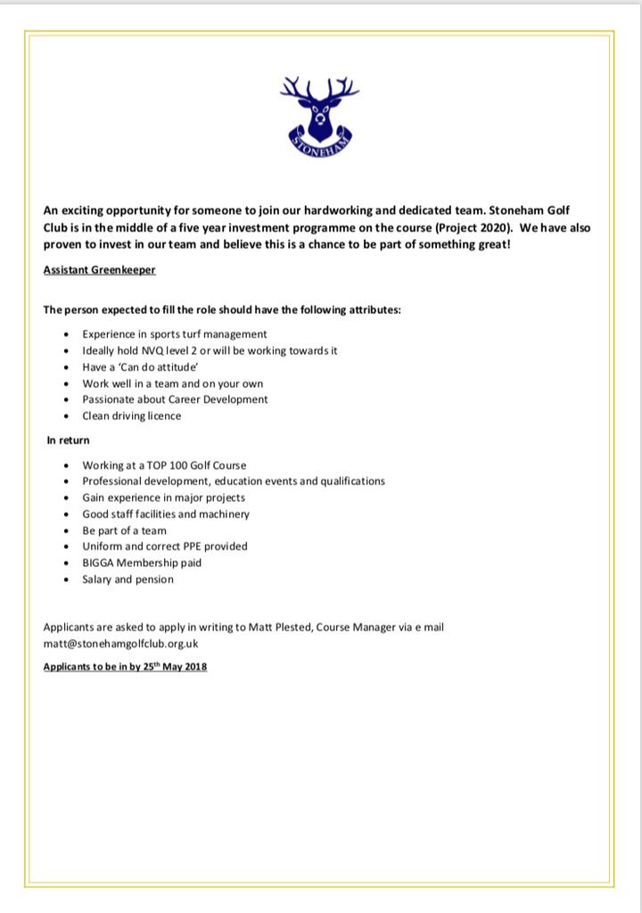 An exciting opportunity to join our team here <a href="/StonehamGC/">Stoneham Golf Club</a> #Projects #career-development #teamwork #bepartofit 
Please contact me if you require more information.