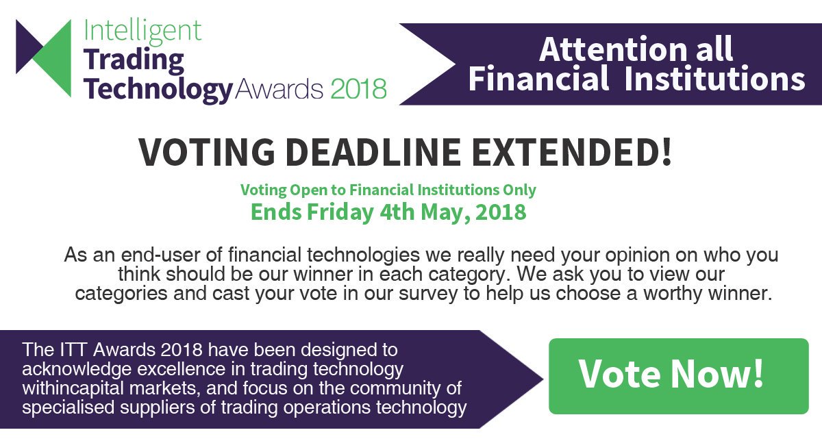 TradingTechIns's tweet photo. The voting deadline for your preferred provider of a solution/service to our trading technology community has been extended! Cast your vote now! https://t.co/WTUXthCNZg #timestamping #lowlatency #proximityhosting #cloud #buyside #sellside #bestexecution #tickdata #datafeed #OMS https://t.co/6UfOt2qKbq