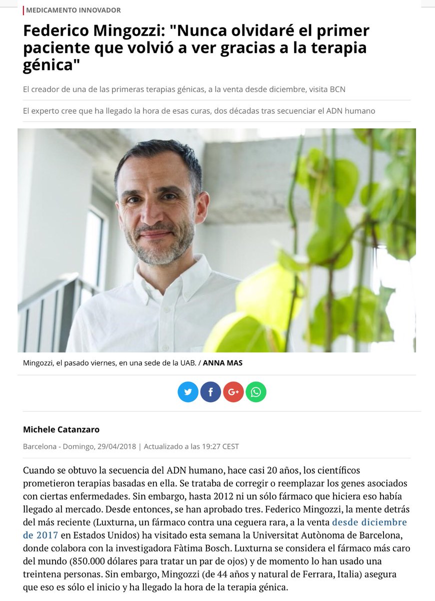 NoInvisibles's tweet photo. F #Mingozzi: "Nunca olvidaré el primer paciente
que volvió a ver gracias a la terapia génica"
El creador de #Luxturna, capaz de revertir una
ceguera rara, cree q ya ha llegado la época de la cura
Ensayos para #AME, #Hemofilia,…
@mcatanzaro en @Elperiodico
https://t.co/svw2cdtXPc https://t.co/peUdPCABP2