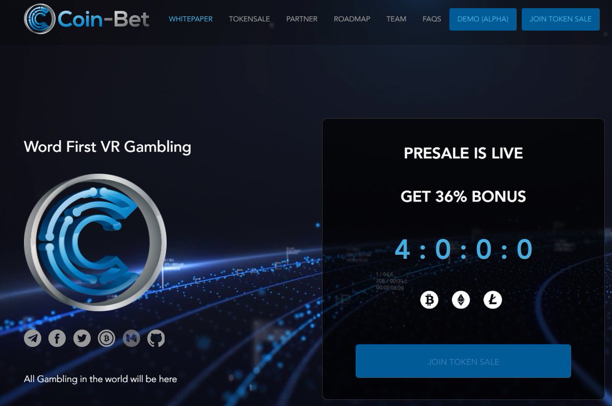 COIN-BET Presale running
Today you will get 34% Bonus
Join now

coin-bet.bet
#ico #coin-bet #gambling #betting #ethereum #tokensale