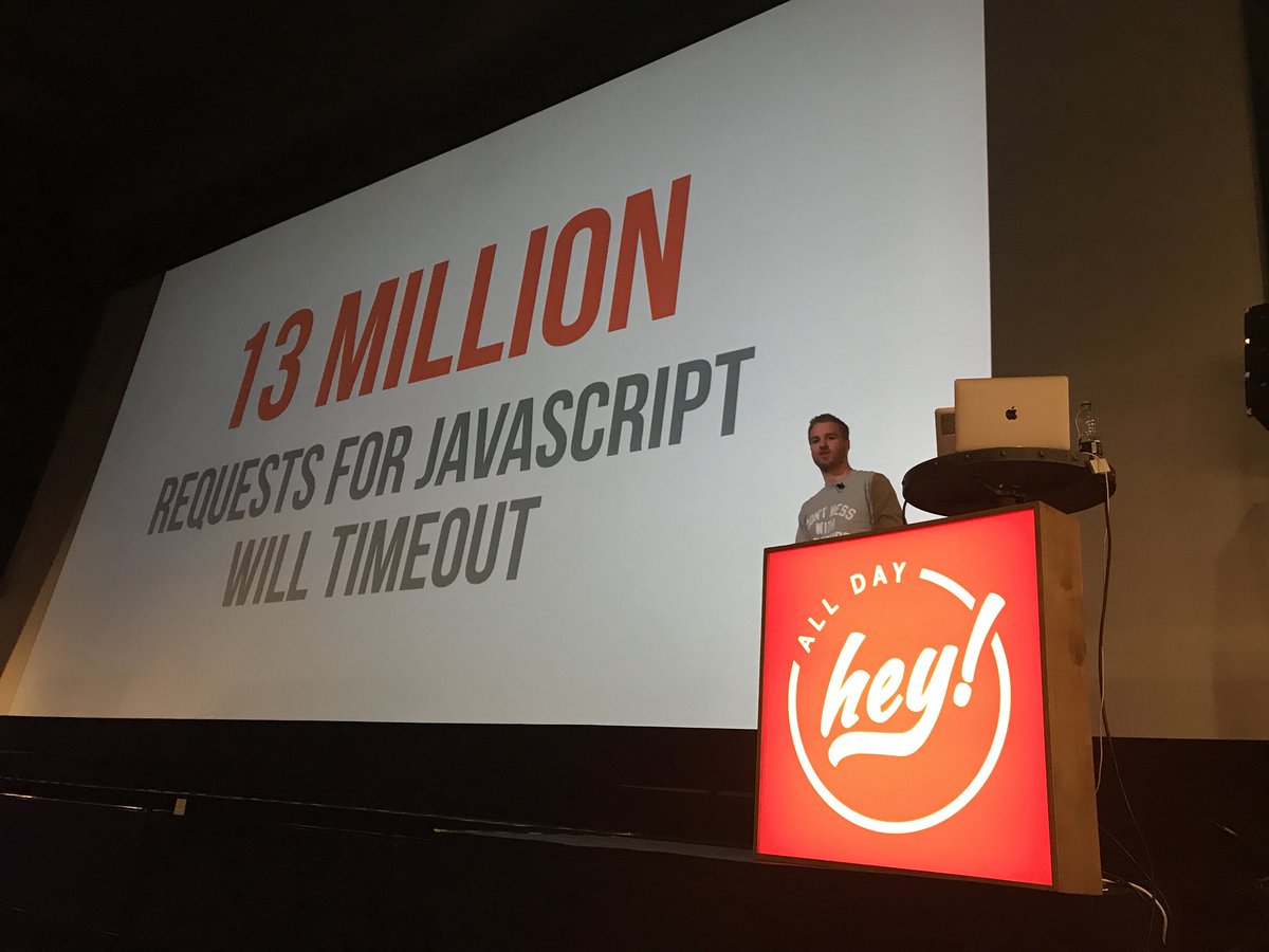Mitigate failure and use progressive enhancement to make your system resilient: 1% JavaScript timeout does matter <a href="/ianfeather/">Ian Feather</a> (example stats from <a href="/BuzzFeed/">BuzzFeed</a>) #AllDayHey #LeedsIntFest