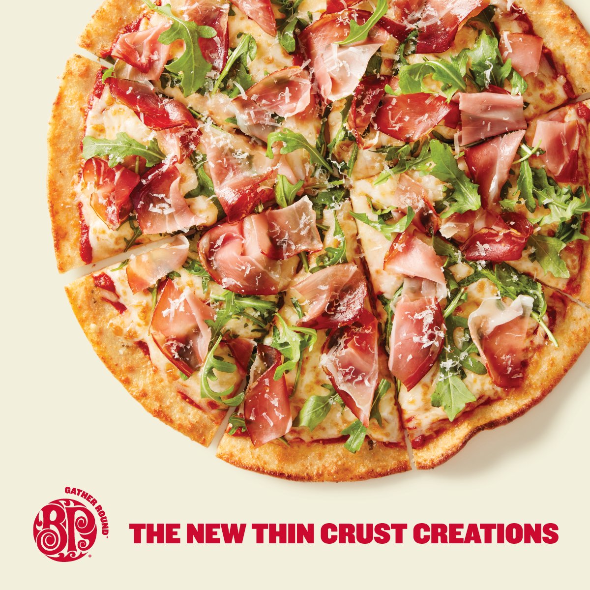 BPDrumheller's tweet photo. Smoked prosciutto + gouda + provolone + pizza mozzarella + fresh arugula + fresh Parmesan = Best. Pizza. Ever. 

With our new Thin Crust Creations you eat fancy pizza, but still wear regular pants. 
#WinWin https://t.co/Em6EHrFa6X