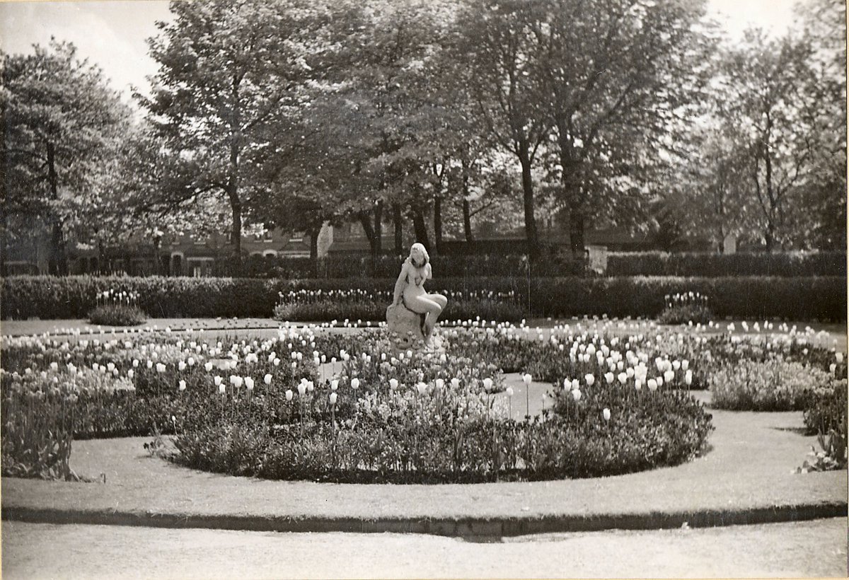 TraffordArchive's tweet photo. Even in black and white, the beauty and serenity of this garden in Stamford Park, #Altrincham #c1920 is apparent. Amongst the #tulips is the #statue of Eve who gave her name to the #garden #NationalGardeningWeek https://t.co/bSa1afHt37