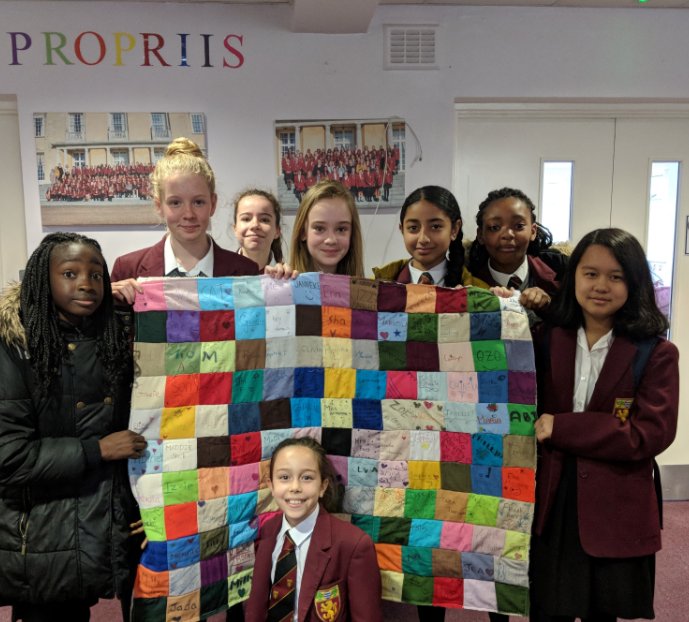RAASchoolGatton's tweet photo. Mrs Beer, Head of Elizabeth House, has been getting crafty and creative. She had every girl in the House sign a square of material which she then stitched together to make a very special, one of a kind quilt.😍#iloveboarding https://t.co/VZ8t7cE1x0
