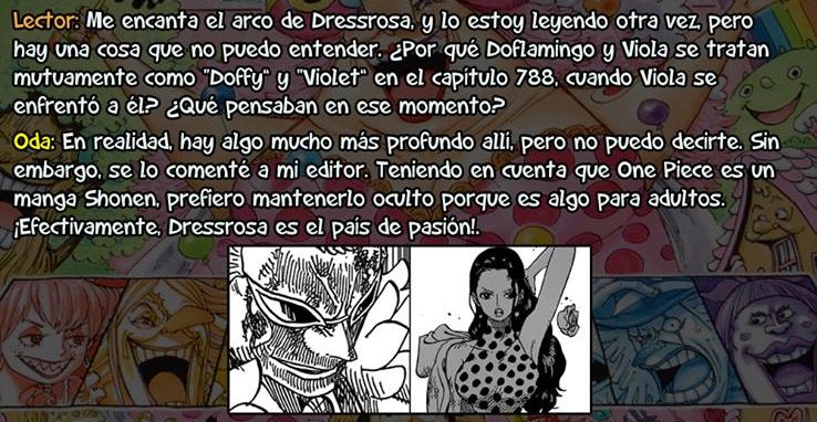 Un dato muy curioso sobre Viola fue revelado por Oda en el SBS del volumen 83, donde nos dijo que ella y Doflamingo mantuvieron un apasionado romance.
(La imagen es de <a href="/LosMugiwaraOP/">Los Mugiwara (One Piece)</a>)
#OnePiece