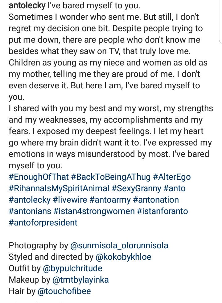 AntoLecky's tweet photo. Good morning Antonians. Thanks for loving me regardless of my flaws and what the critics say. You keep me going.
❤
#antolecky #antoarmy #antonation #antonians #bbnaija https://t.co/OmSo7XmP9L