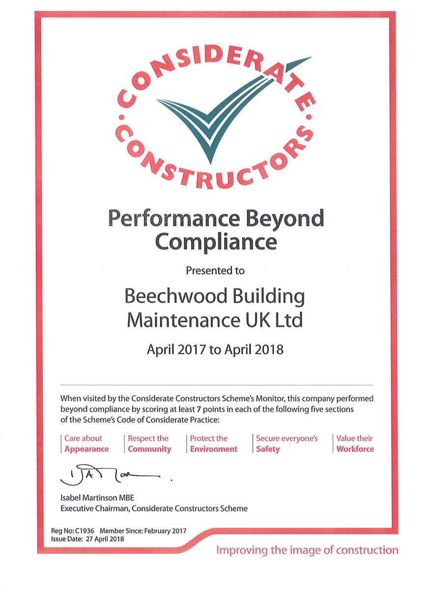Delighted to have achieved a Performance Beyond Compliance Certificate from <a href="/CCScheme/">Considerate Constructors Scheme</a>