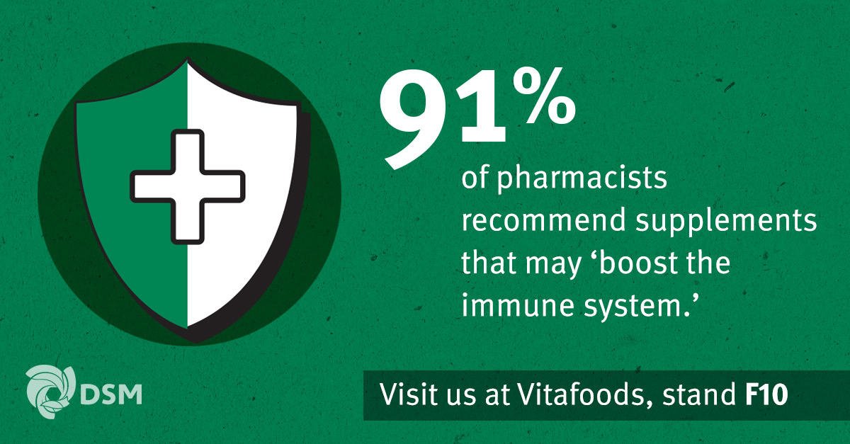 dsmfirmenich's tweet photo. What is the main reason pharmacists recommend dietary supplements to patients? For more insights like this, visit DSM at Vitafoods https://t.co/daKmc7ENxm #VFE18 https://t.co/FSFuAeVSm2