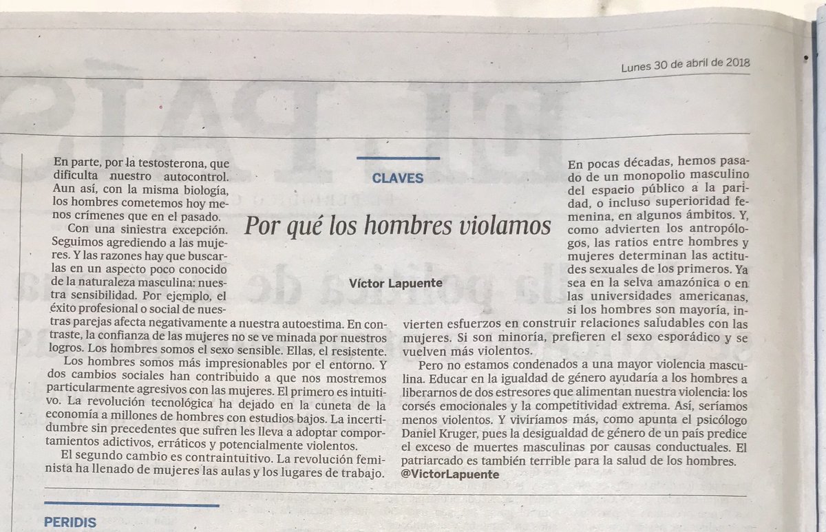 johnhurley's tweet photo. #Violacion #sexualidadmasculina Fantastica columna de @VictorLapuente que abre el enfoque biológico, muy poco tenido en cuenta #chapó https://t.co/lld4cT4QUS