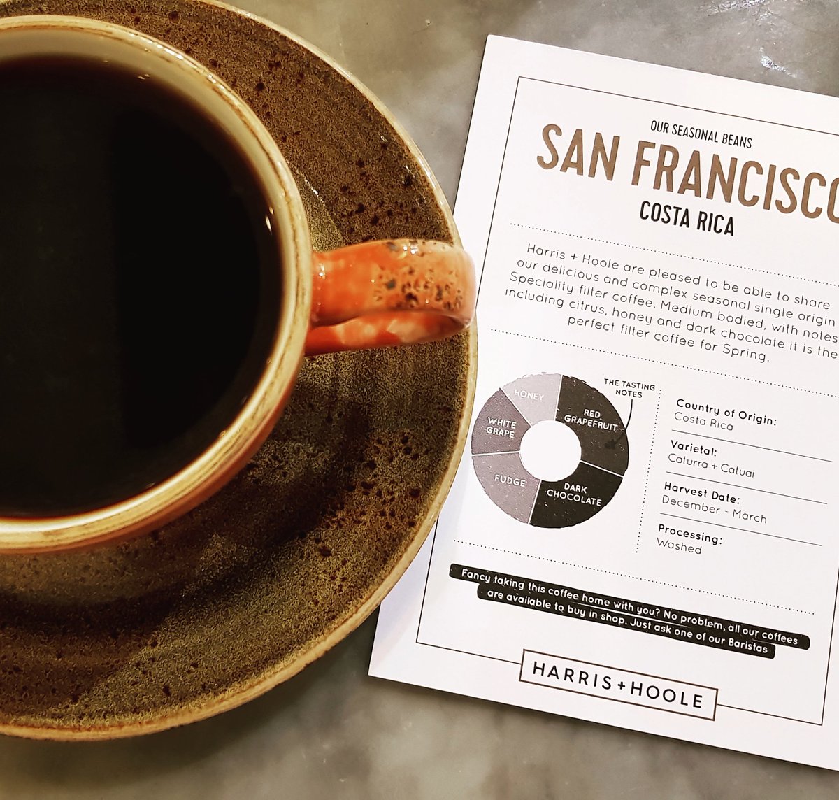 HH_Chichester's tweet photo. We are super proud of our latest filter from Costa Rica. With taste notes of honey, white grape and fudge - who could resist? #coffee #barista #harrisandhoole #filtercoffee #costarica #tastenotes https://t.co/VlTJhVXLJO