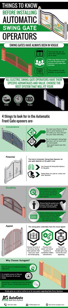 ucollectgraphix's tweet image. Things To Know Before Installing Automatic Swing Gate Operators 
#AutomaticSlidingGates #SwingGateOperators
Visit link: ucollectinfographics.com/things-to-know…